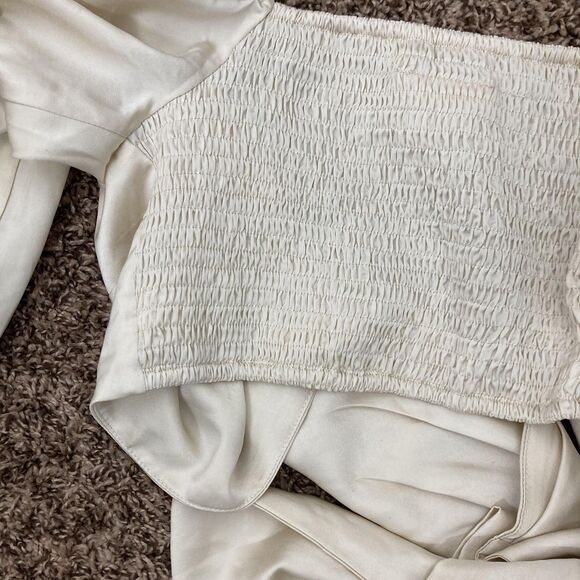 Showpo Blouse Womens US 6 Cream Satin Puff Sleeve Tie Front Smocked Crop Top - Picture 9 of 11